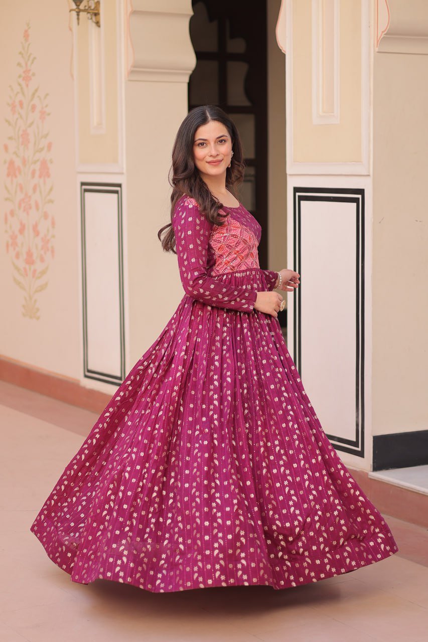 Women's Festive Berry Purple Printed Anarkali Gown with Intricate Zari Work & Embellished Yoke – Perfect for Traditional & Celebration Wear